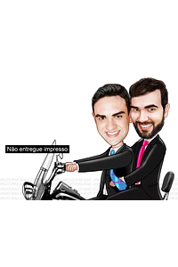 Caricatura casamento gay com moto, casal, dirigindo, noivo, marido, bodas, motoqueiro,lua de mel,