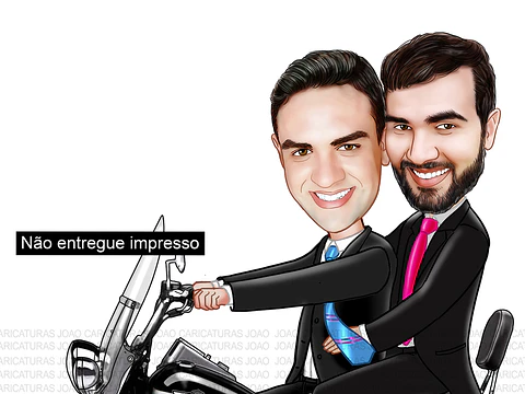 Caricatura casamento gay com moto, casal, dirigindo, noivo, marido, bodas, motoqueiro,lua de mel,