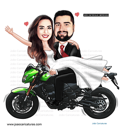 Caricatura casamento com moto kawasaki, harley, moto de luxo, moto grande, casamento, casal, dirigindo, noivo, marido, bodas, motoqueiro, lua de mel