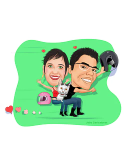 Caricatura de casal numa moto invisível apaixonados capacete velos gato gatinho motoqueiro caricata 