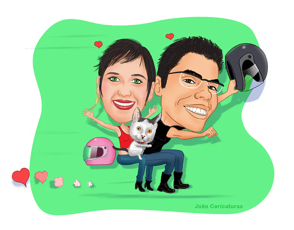 Caricatura de casal numa moto invisível apaixonados capacete velos gato gatinho motoqueiro caricata  1