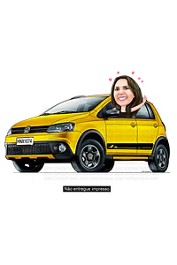 Caricatura mulher no crossfox carro Sandero stepway  caiaque comemorando novo amarelo aniversário dirigindo veículo desenhado apaixonada por carros