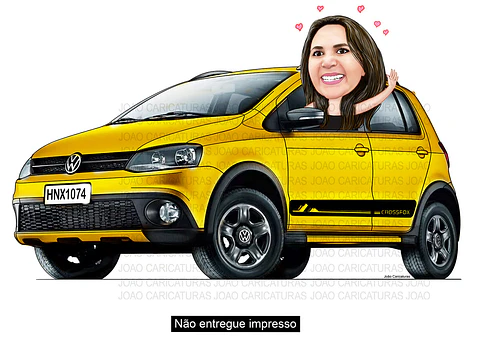 Caricatura mulher no crossfox carro Sandero stepway  caiaque comemorando novo amarelo aniversário dirigindo veículo desenhado apaixonada por carros