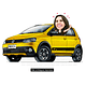 Caricatura mulher no crossfox carro Sandero stepway  caiaque comemorando novo amarelo aniversário dirigindo veículo desenhado apaixonada por carros