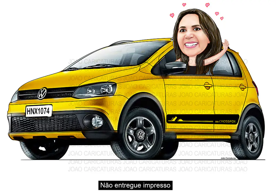 Caricatura mulher no crossfox carro Sandero stepway  caiaque comemorando novo amarelo aniversário dirigindo veículo desenhado apaixonada por carros 2