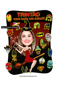 Caricatura personalizada mulher para convite festa aniversário  30 40 50 feiticeira linda bruxinha  parecida idêntica illustration anos baile mascaras halloween bruxa voando vassoura champanhe