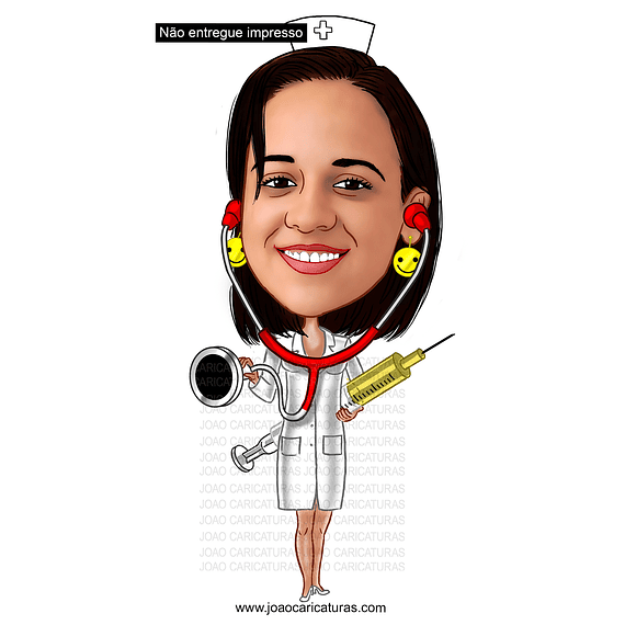 Caricatura mulher enfermeira médica profissional saúde injeção estestocópio jaleco branco 