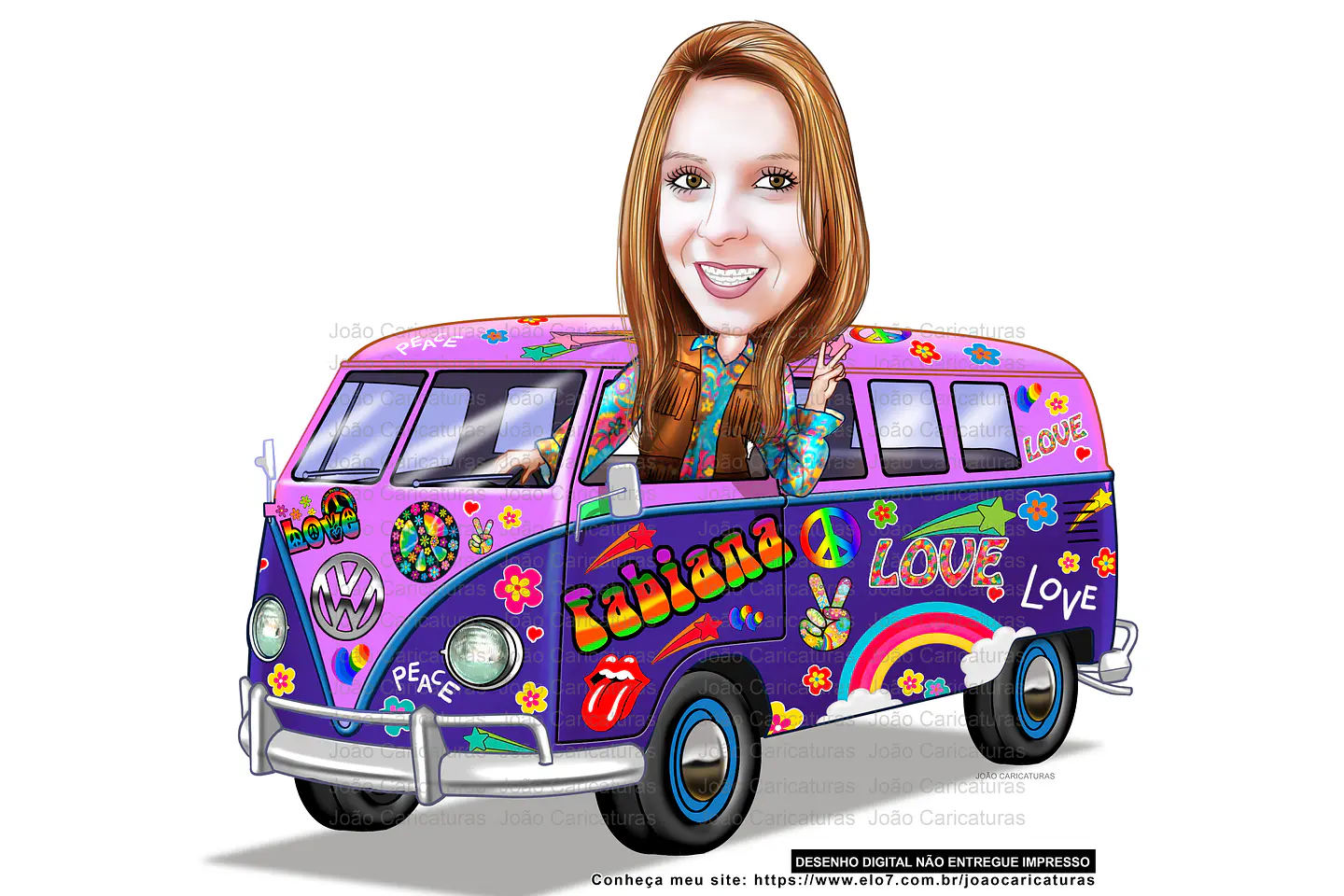 Caricatura aniversário mulher mãe, tia, irmã senhora, dirigindo kombi, hippie, 1960 e 1970, paz e amor, psicodélico, antiga, perua 3