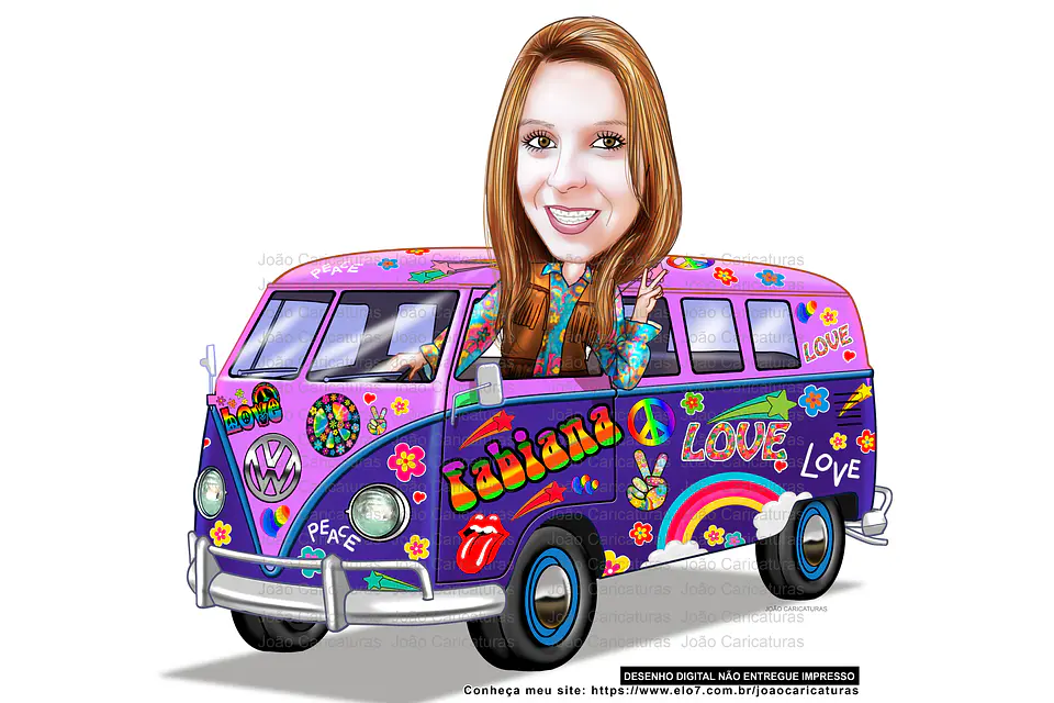 Caricatura aniversário mulher mãe, tia, irmã senhora, dirigindo kombi, hippie, 1960 e 1970, paz e amor, psicodélico, antiga, perua 3
