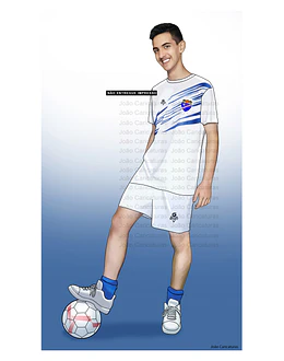 Caricatura Jogador com a bola no pé, profissional de futebol, aniversariante, craque do time, presente de aniversário, menino bom de bola, garoto.