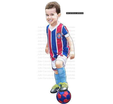 Caricatura Jogador com a bola no pé, profissional de futebol, aniversariante, craque do time, presente de aniversário, menino bom de bola, garoto.