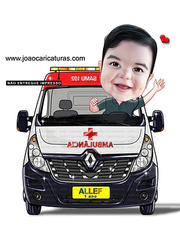 Caricatura criança na SAMU, aniversário, ambulância, menino, dirigindo, veículo, socorro, motorista, socorrista, primeiros socorros