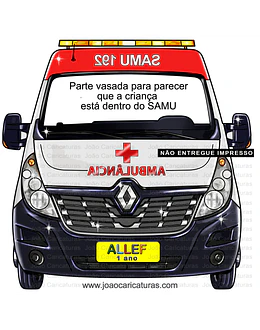 Desenho de um carro SAMU, ambulância, para o cliente imprimir banner grande vazado, e tirar fotos das crianças no volante