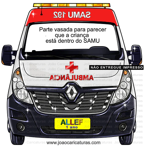 Desenho de um carro SAMU, ambulância, para o cliente imprimir banner grande vazado, e tirar fotos das crianças no volante