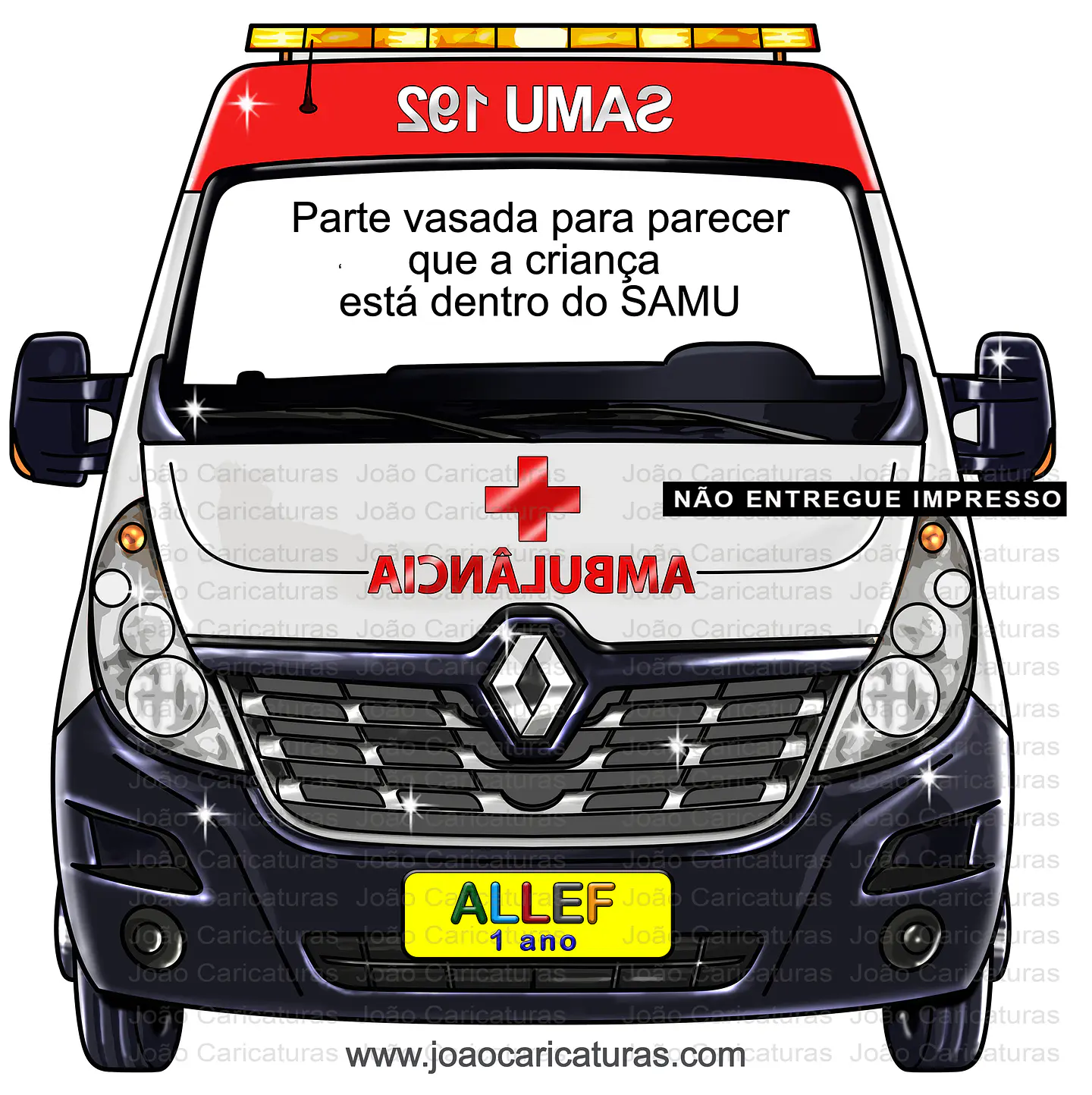 Desenho de um carro SAMU, ambulância, para o cliente imprimir banner grande vazado, e tirar fotos das crianças no volante 1