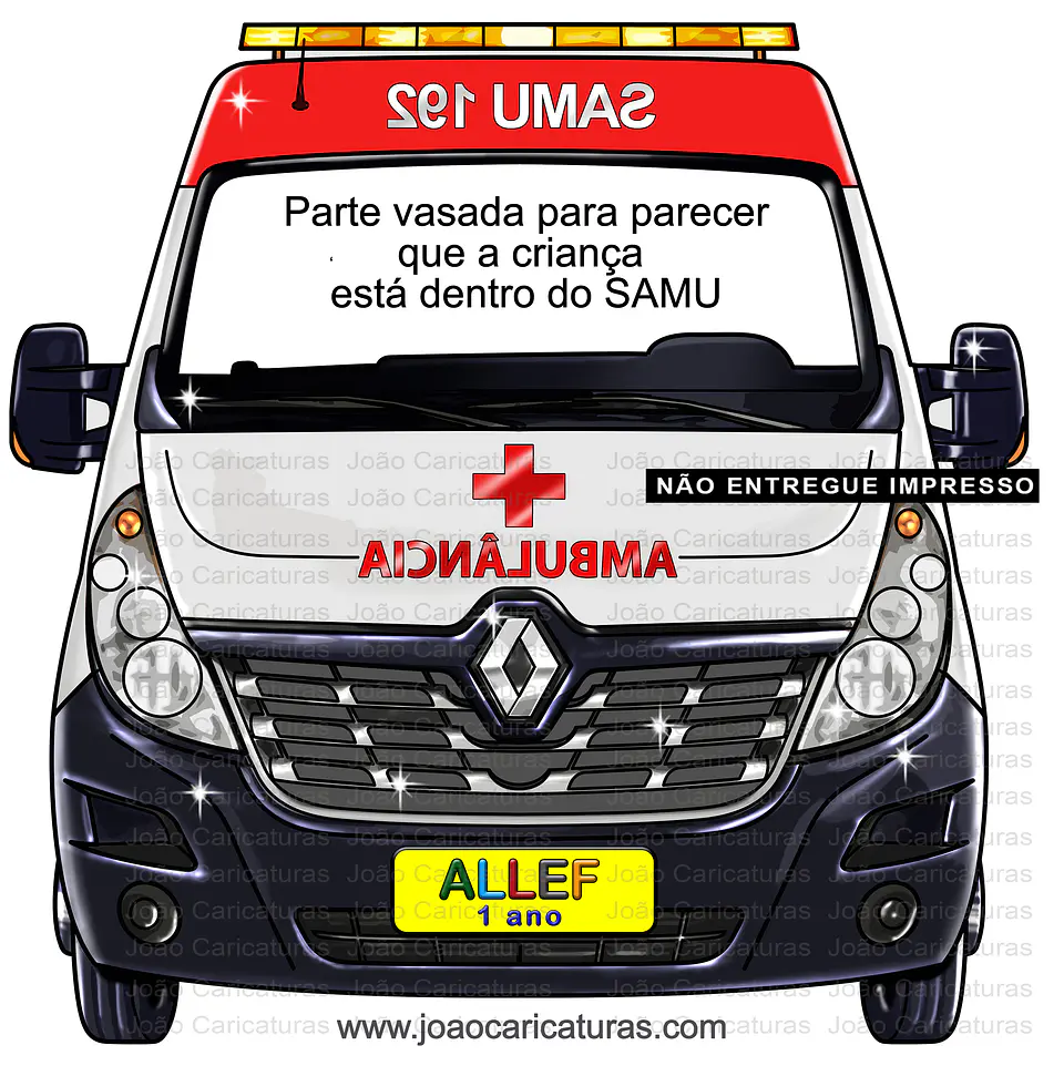 Desenho de um carro SAMU, ambulância, para o cliente imprimir banner grande vazado, e tirar fotos das crianças no volante 1