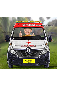 Desenho de um carro SAMU, ambulância, para o cliente imprimir banner grande vazado, e tirar fotos das crianças no volante
