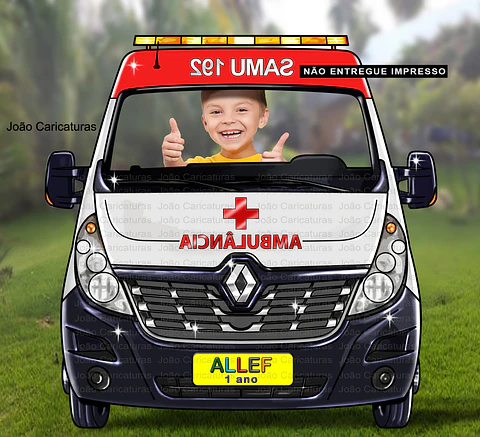Desenho de um carro SAMU, ambulância, para o cliente imprimir banner grande vazado, e tirar fotos das crianças no volante