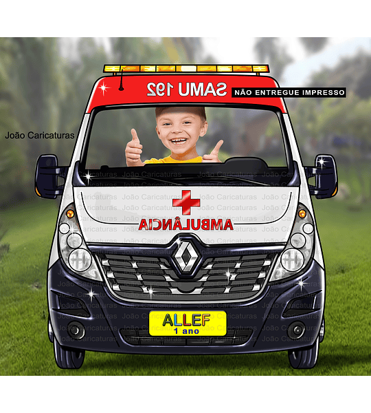 Desenho de um carro SAMU, ambulância, para o cliente imprimir banner grande vazado, e tirar fotos das crianças no volante