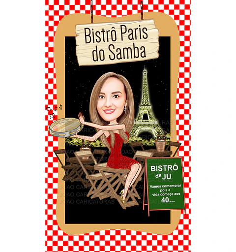Caricatura de mulher barzinho em Veneza, gôndolas, convite digital, bristô, Paris, torre  eiffel, boteco, samba, aniversário, pandeiro, Itália, Gondoleiro