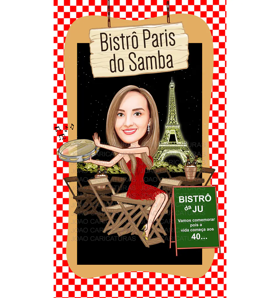 Caricatura de mulher barzinho em Veneza, gôndolas, convite digital, bristô, Paris, torre  eiffel, boteco, samba, aniversário, pandeiro, Itália, Gondoleiro 1