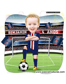 Caricatura digital de menino, tema futebol, time, internacional, Paris saint germain, garoto com bola, craque, estádio, torcida, aniversariante, uniforme do time, banner p decoração, 