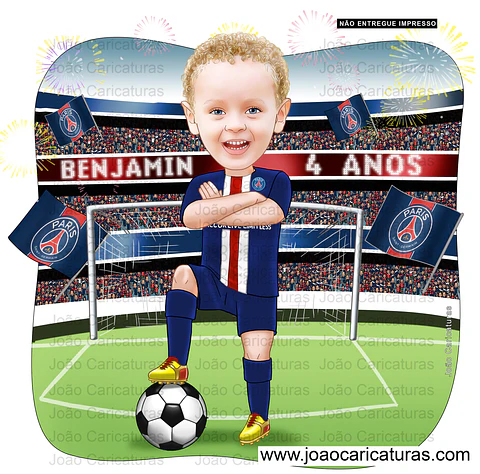 Caricatura digital de menino, tema futebol, time, internacional, Paris saint germain, garoto com bola, craque, estádio, torcida, aniversariante, uniforme do time, banner p decoração, 