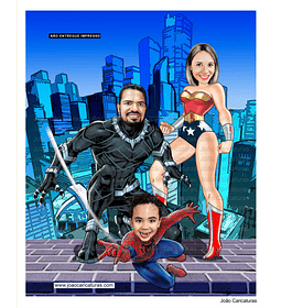 Caricatura digital super família, super heróis, menino aranha, mulher maravilha e pantera negra, 