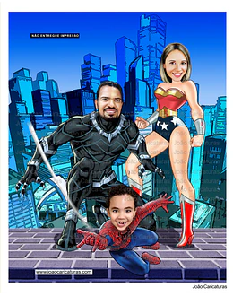 Caricatura digital super família, super heróis, menino aranha, mulher maravilha e pantera negra, 