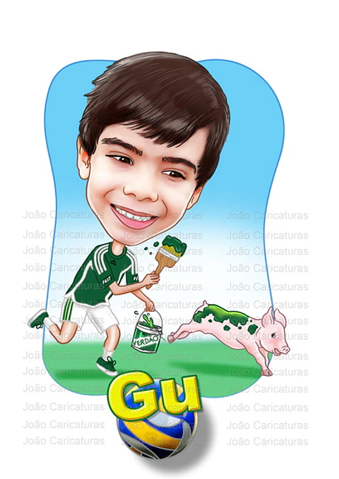 Caricatura aniversário criança filho camiseta grêmio palmeiras time bola  correndo neto sobrinho sentada camisa time galinha bebê garoto filho menino pat animal estimação presente quadro