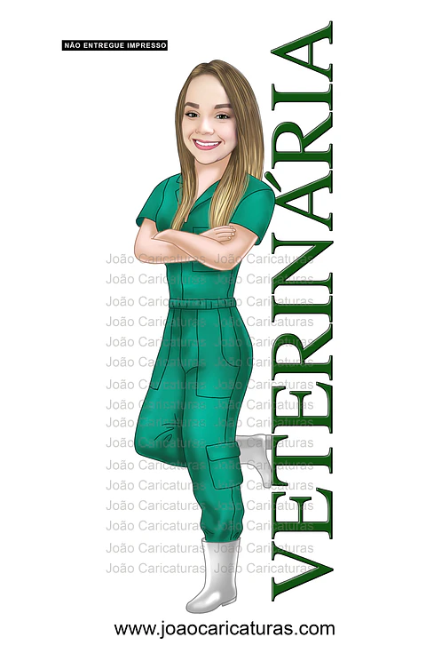 Caricatura desenho Formanda em Medicina Veterinária, macacão, universidade, recém formada,universitária, certificado, 