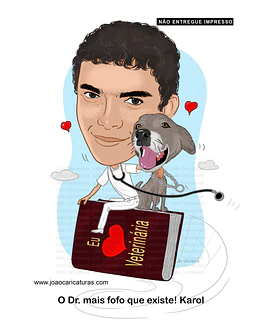 Caricaturas formando Veterinário com pet, certificado, desenho rosto idêntico, universitário, formatura, diplomados, cão