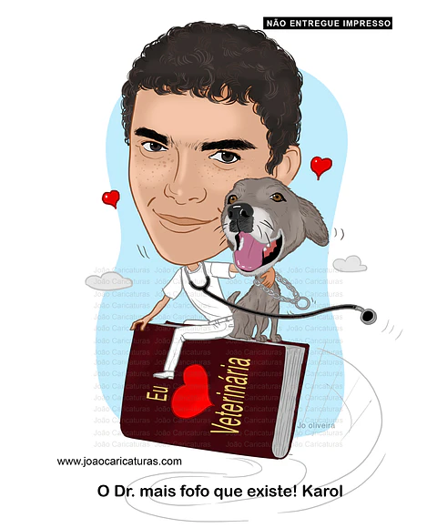 Caricaturas formando Veterinário com pet, certificado, desenho rosto idêntico, universitário, formatura, diplomados, cão