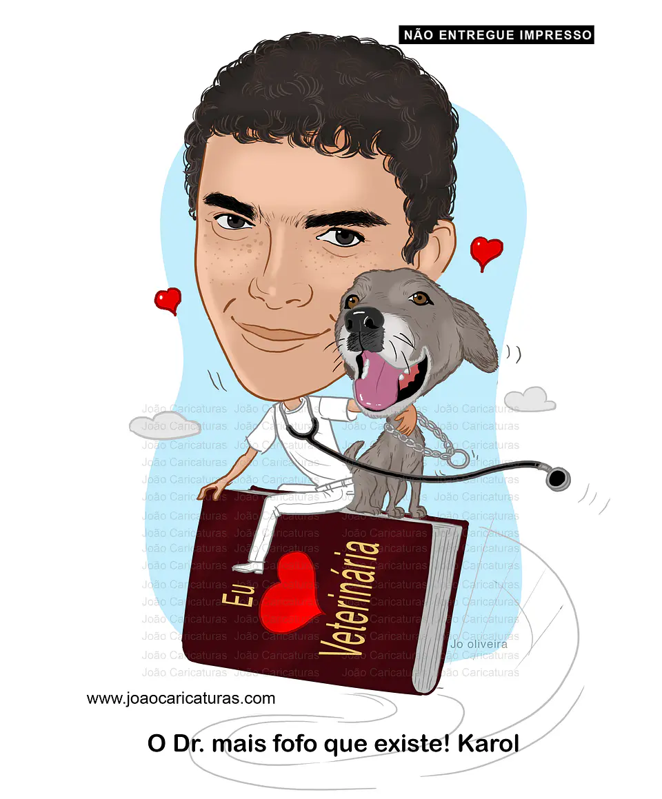 Caricaturas formando Veterinário com pet, certificado, desenho rosto idêntico, universitário, formatura, diplomados, cão 1