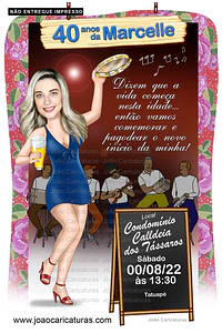Caricatura convite mulher 30, 40, 50, 60 anos, pagode, loira, buteco, boteco, bar, convite, aniversário, personalizado, cerveja, pandeiro, dançando, sambando, convidando, vestido, pagodeiros, samba