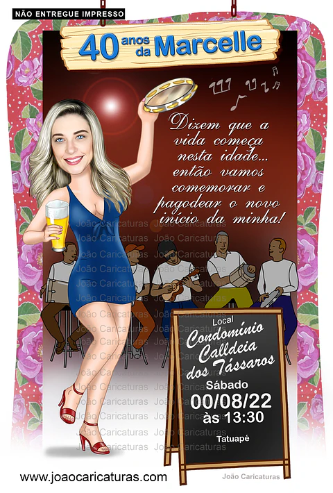 Caricatura convite mulher 30, 40, 50, 60 anos, pagode, loira, buteco, boteco, bar, convite, aniversário, personalizado, cerveja, pandeiro, dançando, sambando, convidando, vestido, pagodeiros, samba
