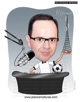 Caricatura homem, pai, marido, locutor, apresentador, comentarista, rádialista, profissional, futebol, microfone, apresentando, jornalista