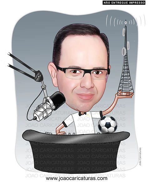 Caricatura homem, pai, marido, locutor, apresentador, comentarista, rádialista, profissional, futebol, microfone, apresentando, jornalista
