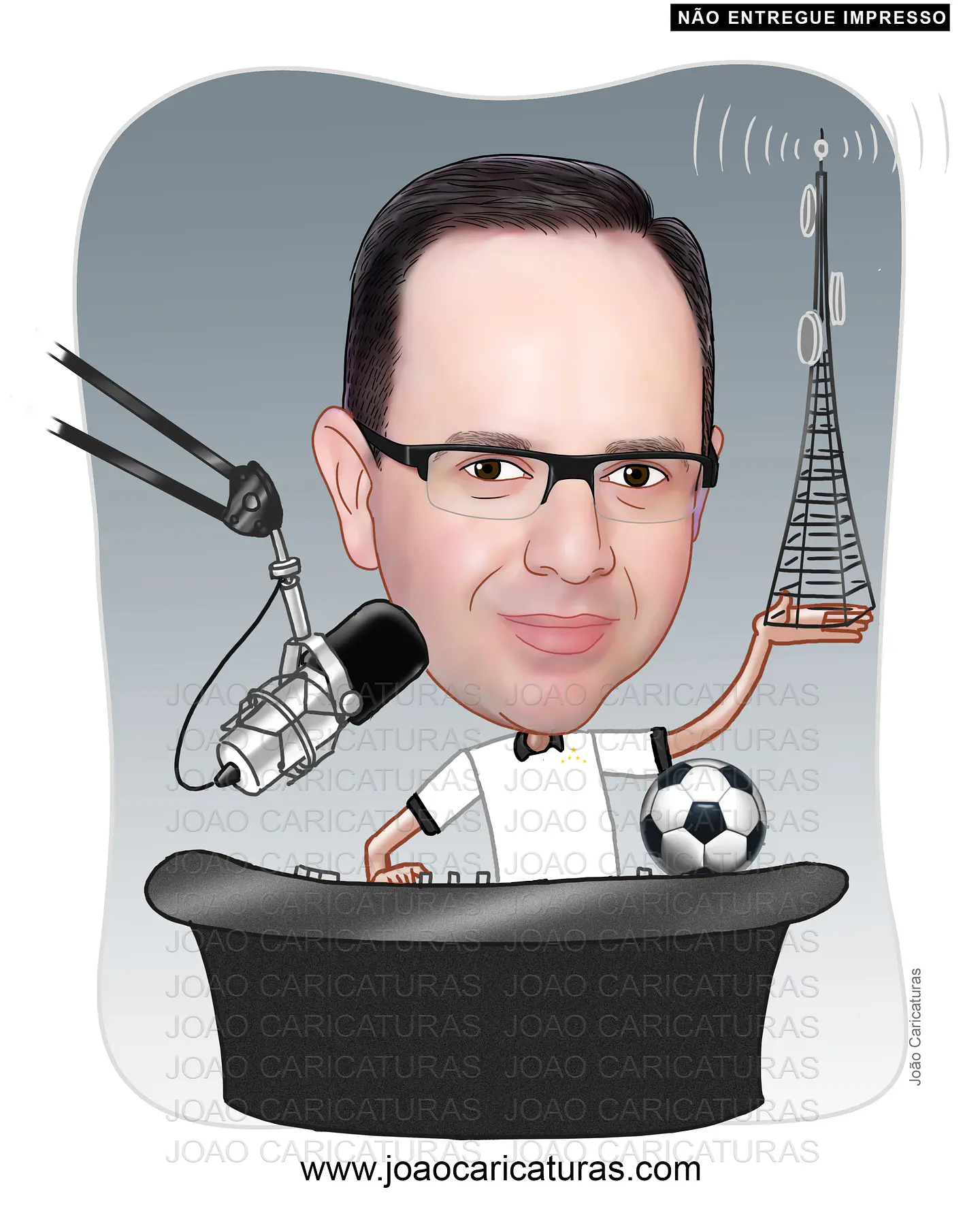 Caricatura homem, pai, marido, locutor, apresentador, comentarista, rádialista, profissional, futebol, microfone, apresentando, jornalista 1