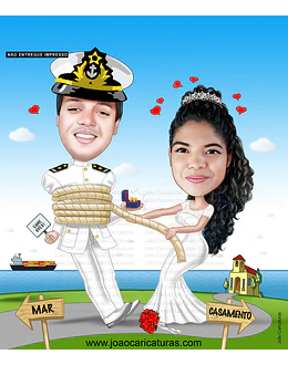 Caricatura, desenho, casamento, matrimônio, marinheiro, navio cargueiro, farda branca, puxando pela corda, noivo amarrado, alianças na mão, noiva brava, vestido de noiva, convite 