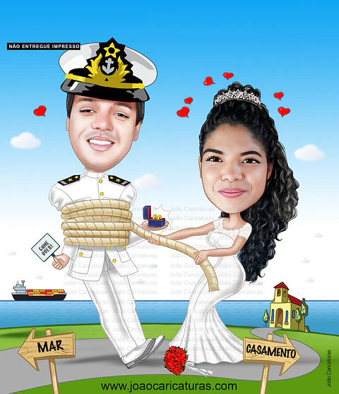 Caricatura, desenho, casamento, matrimônio, marinheiro, navio cargueiro, farda branca, puxando pela corda, noivo amarrado, alianças na mão, noiva brava, vestido de noiva, convite 