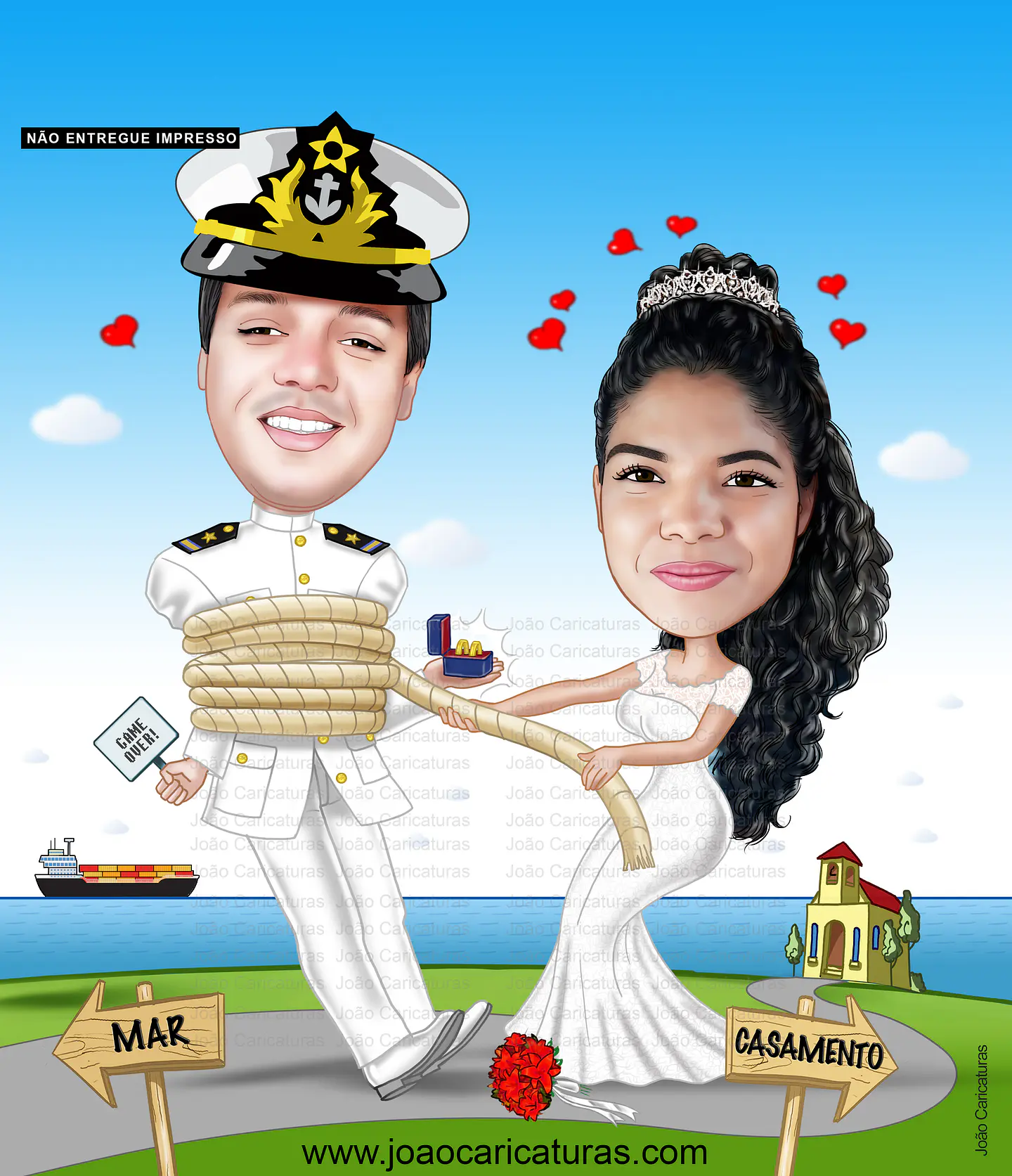 Caricatura, desenho, casamento, matrimônio, marinheiro, navio cargueiro, farda branca, puxando pela corda, noivo amarrado, alianças na mão, noiva brava, vestido de noiva, convite  1