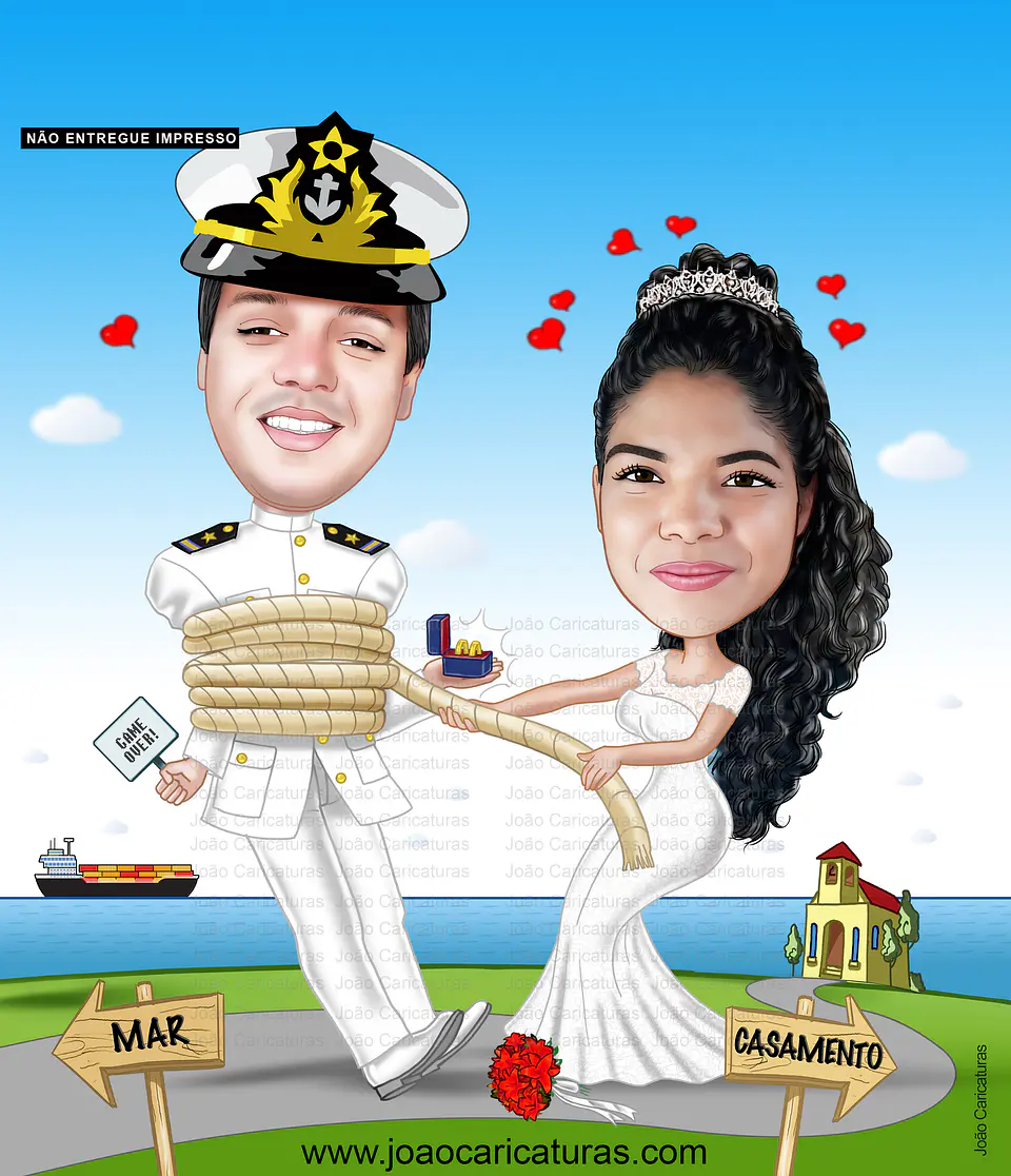 Caricatura, desenho, casamento, matrimônio, marinheiro, navio cargueiro, farda branca, puxando pela corda, noivo amarrado, alianças na mão, noiva brava, vestido de noiva, convite  1