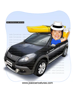 Caricatura mulher no crossfox carro Sandero stepway  caiaque comemorando novo amarelo aniversário dirigindo veículo desenhado apaixonada por carros