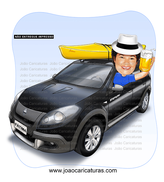 Caricatura mulher no crossfox carro Sandero stepway  caiaque comemorando novo amarelo aniversário dirigindo veículo desenhado apaixonada por carros