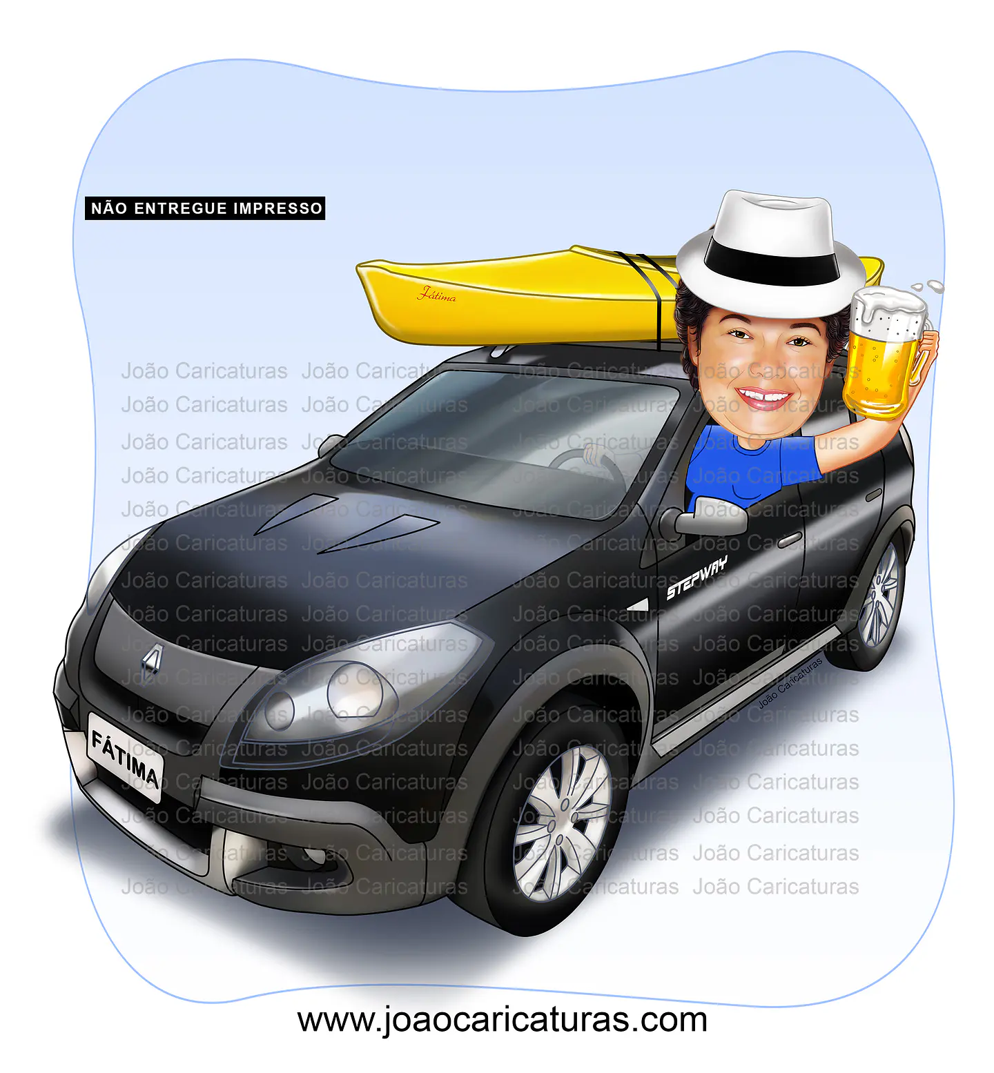 Caricatura mulher no crossfox carro Sandero stepway  caiaque comemorando novo amarelo aniversário dirigindo veículo desenhado apaixonada por carros 1