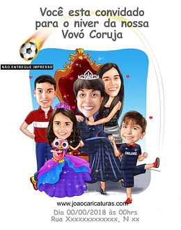 Caricatura, desenho avó, vovó, netos, filhos, rainha, coroada, trono, centenária, sentada, família, realeza, poderosa, fiel, caprichada, idêntica, igual a foto