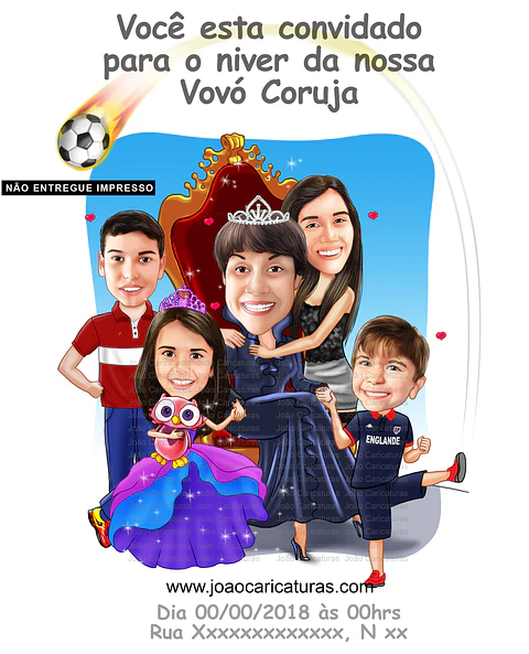 Caricatura, desenho avó, vovó, netos, filhos, rainha, coroada, trono, centenária, sentada, família, realeza, poderosa, fiel, caprichada, idêntica, igual a foto