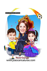 Caricatura, desenho avó, vovó, netos, filhos, rainha, coroada, trono, centenária, sentada, família, realeza, poderosa, fiel, caprichada, idêntica, igual a foto