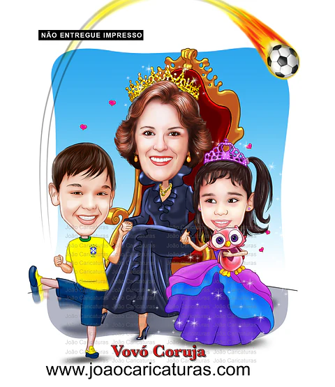 Caricatura, desenho avó, vovó, netos, filhos, rainha, coroada, trono, centenária, sentada, família, realeza, poderosa, fiel, caprichada, idêntica, igual a foto